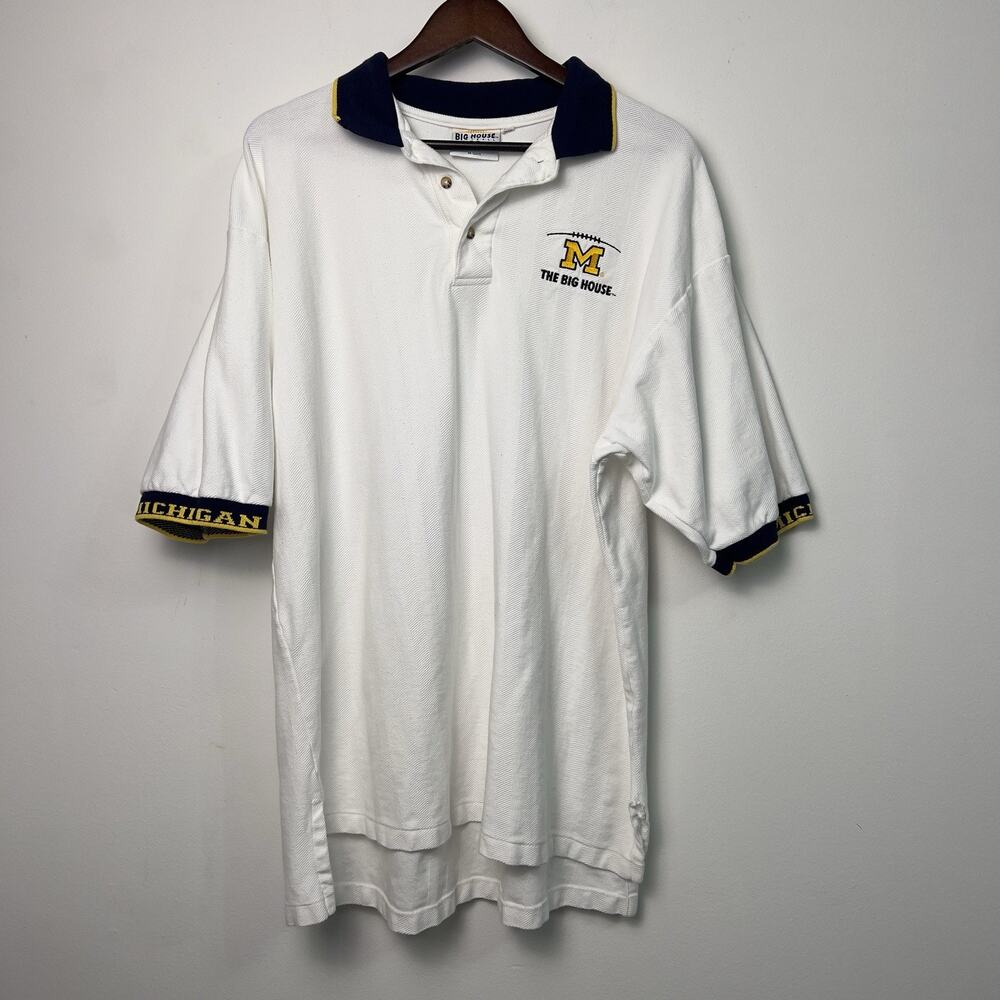 THE BIG HOUSE Michigan Wolverines White Polo Shirt Men's XLarge Go Blue Collar